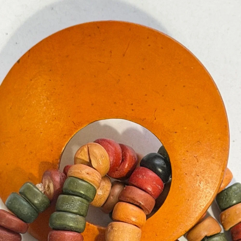 Vintage Philippines Orange Wood Beaded Boho Statement Pierced Earrings
